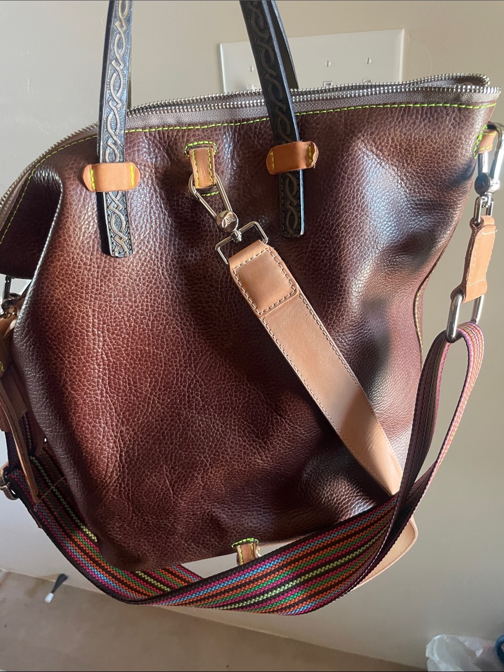 Consuela Isabel sling Brown Leather Shoulder Bag with Multicolor Striped Strap - Picture 7 of 8